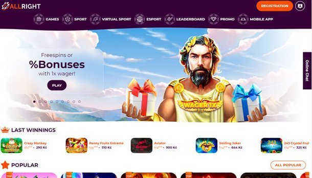 All Right: online casino plné free spins bonusů