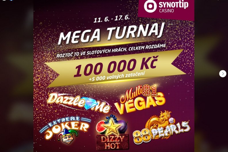 Červnový MEGA turnaj o 100 000 Kč a 5 000 volných zatočení v SynotTIPU startuje právě dnes!