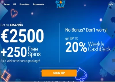 CrazePlay Casino recenze ☑️ | 300 % do výše 2500 € + 250 FS  🔥