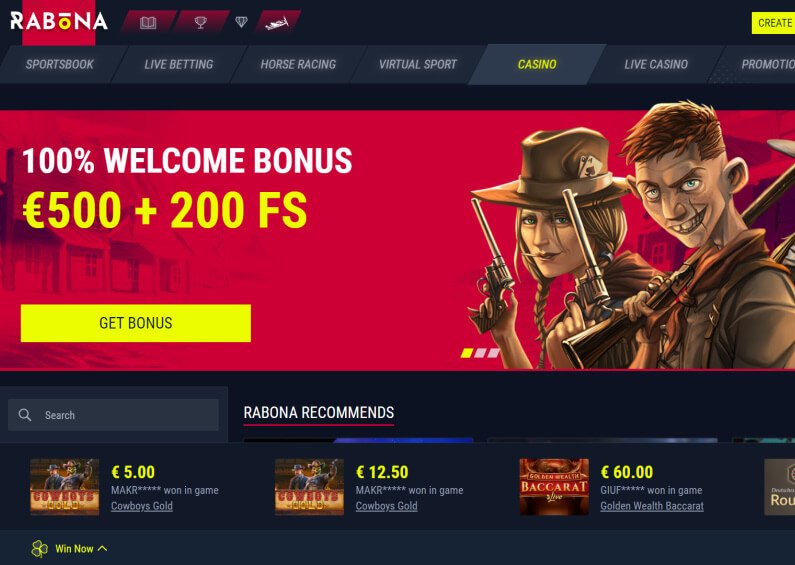 Rabona Casino home page